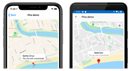 Capture d’écran d’une épingle de carte et de sa fenêtre d’informations, sur iOS et Android