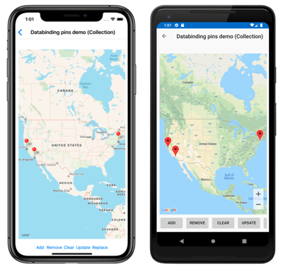 Capture d’écran de la carte avec des broches liées aux données, sur iOS et Android