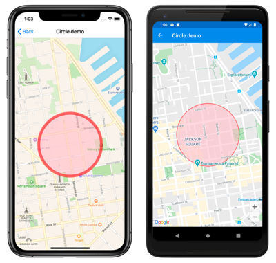 « Capture d’écran d’un cercle de carte, sur iOS et Android »