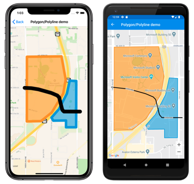 « Capture d’écran d’un polygone de carte et de polyligne, sur iOS et Android »