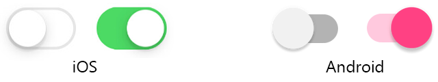 Capture d’écran des commutateurs dans les états activés et désactivés, sur iOS et Android