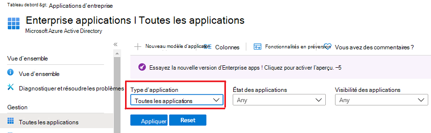 Écran sur lequel la valeur Toutes les applications est choisie.