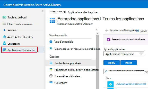 Écran Applications d’entreprise.
