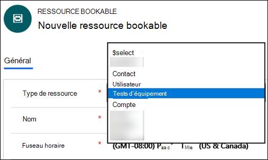 Capture d’écran des types de ressources.