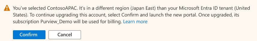 Capture d’écran de la confirmation de la sélection d’un compte dans une région différente de celle de votre locataire.