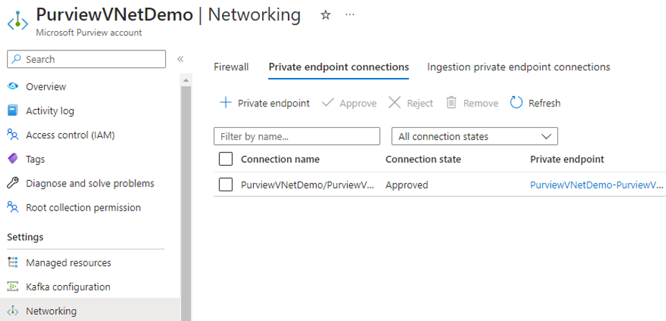 Capture d’écran montrant comment approuver un point de terminaison privé managé pour Microsoft Purview