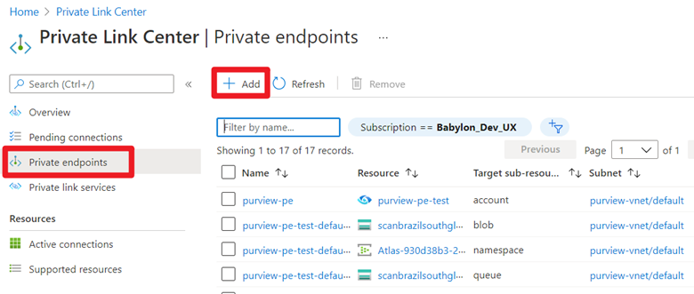 Capture d’écran montrant la création de points de terminaison privés à partir du centre Private Link.