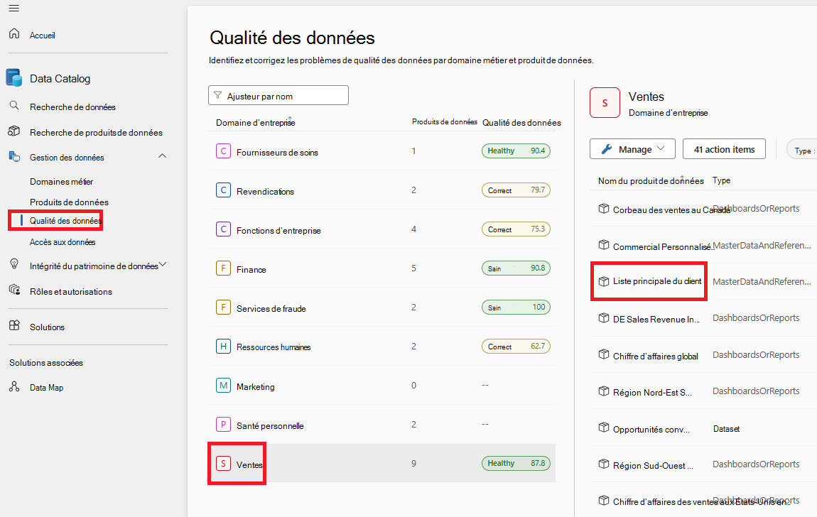 Capture d’écran de la page de qualité des données, avec un domaine de gouvernance sélectionné et un produit de données mis en évidence.
