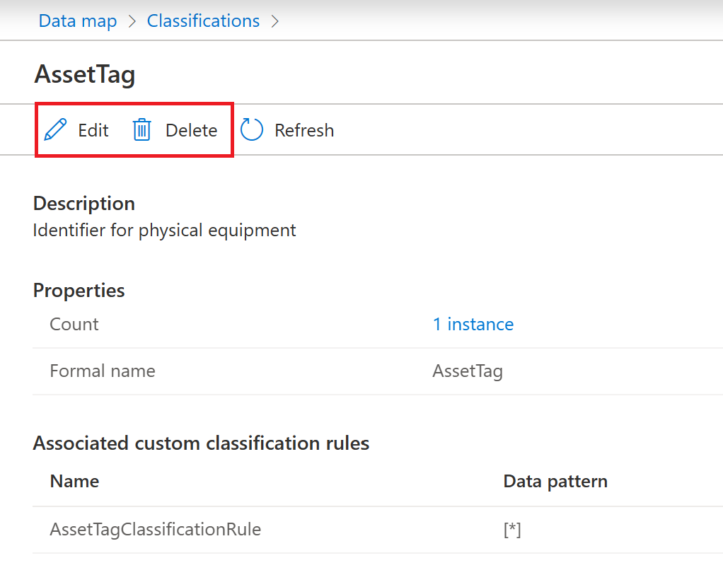 Capture d’écran d’une page de ressources de classification personnalisée, avec les boutons Modifier et supprimer mis en évidence en haut de la page.