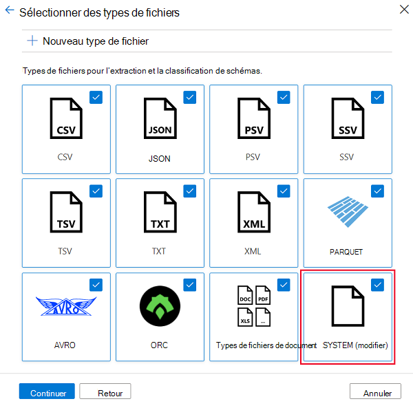 Capture d’écran montrant la vignette nouveau type de fichier personnalisé dans la page Sélectionner les types de fichiers.