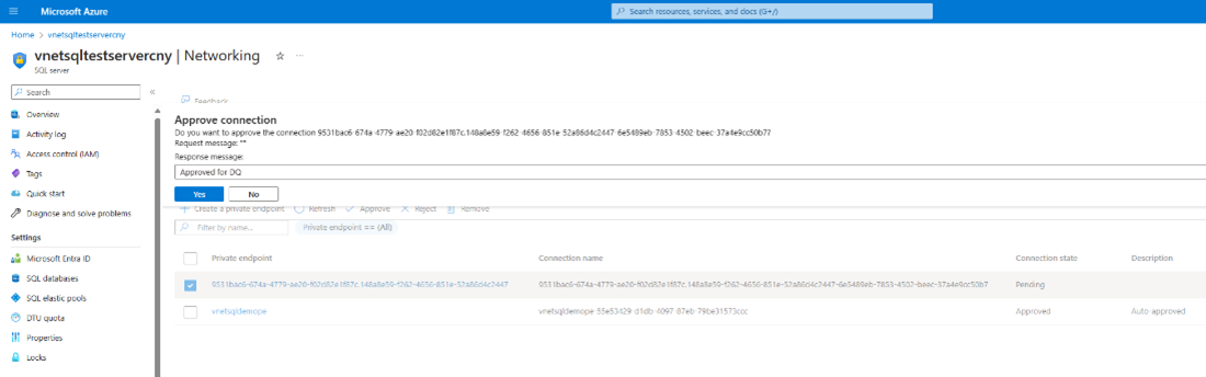 Capture d’écran de la page de mise en réseau d’un onglet d’accès privé SQL Server avec l’invite d’approbation.