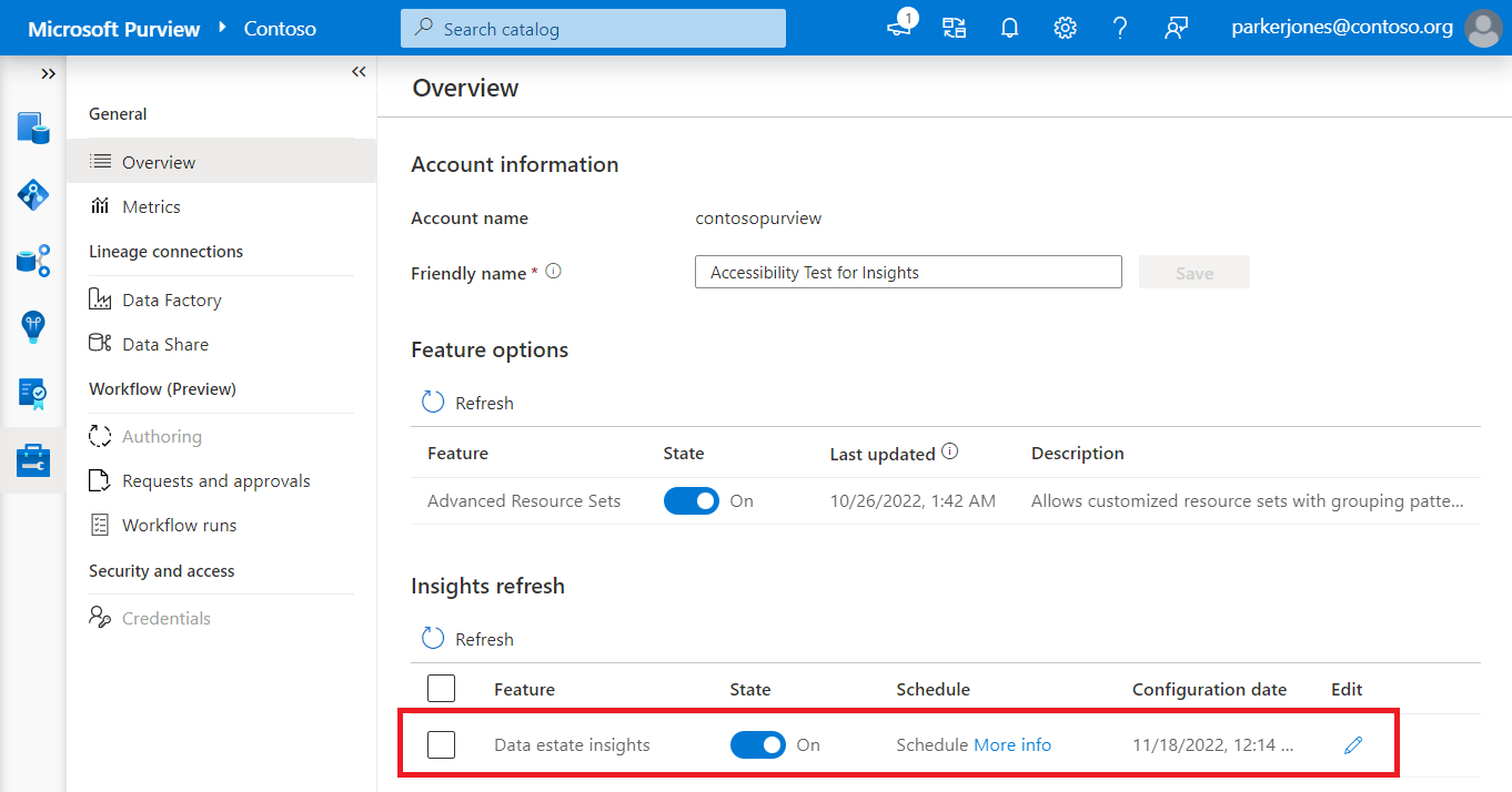 Capture d’écran de la page de gestion, avec la ligne d’informations Data Estate Insights mise en évidence.