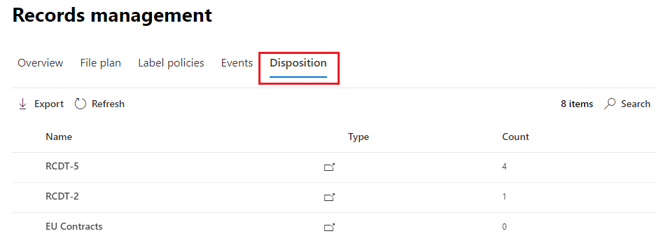 Page Dispositions dans le portail de conformité Microsoft Purview.