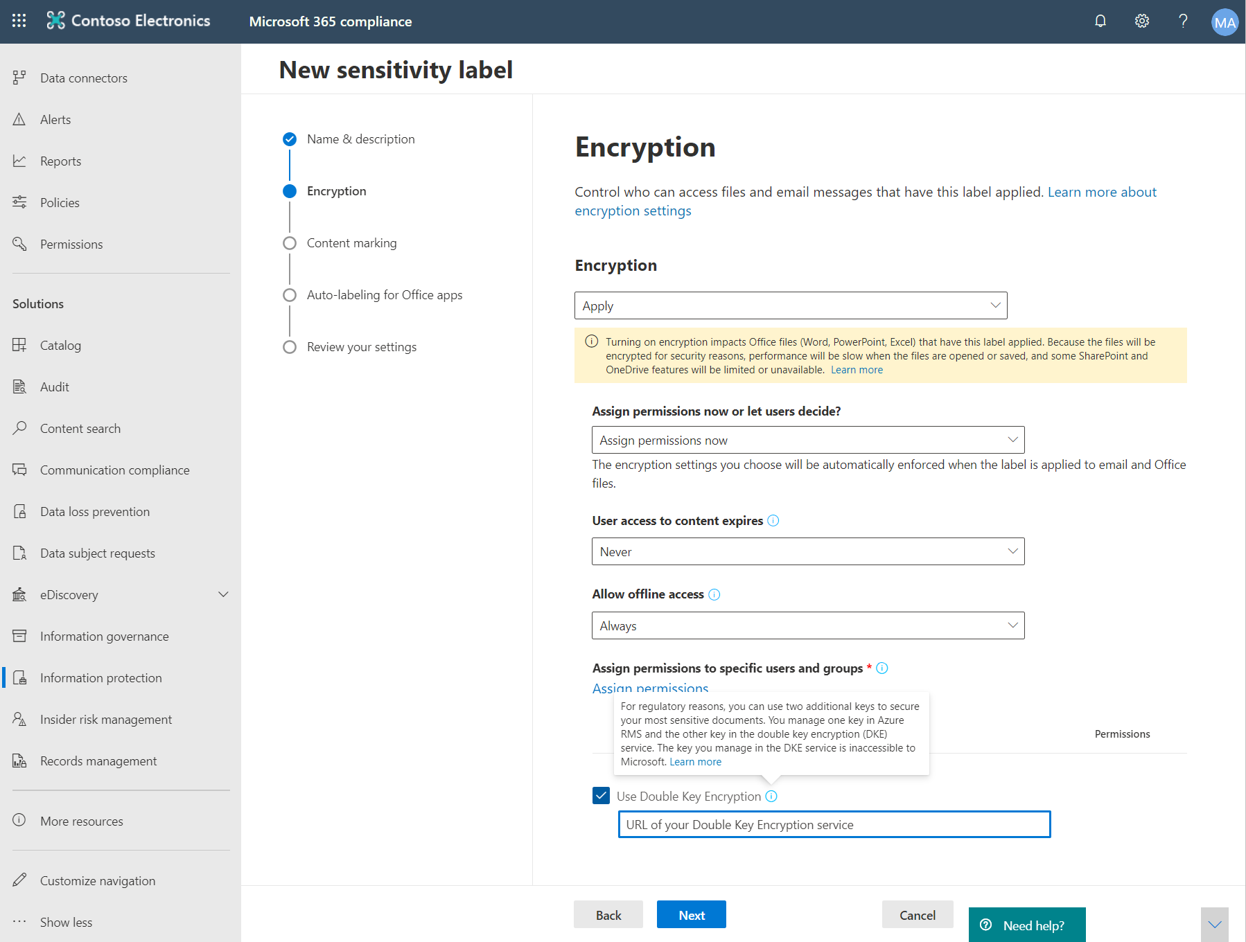 Sélectionnez Utiliser le chiffrement à double clé dans le portail de conformité Microsoft Purview.