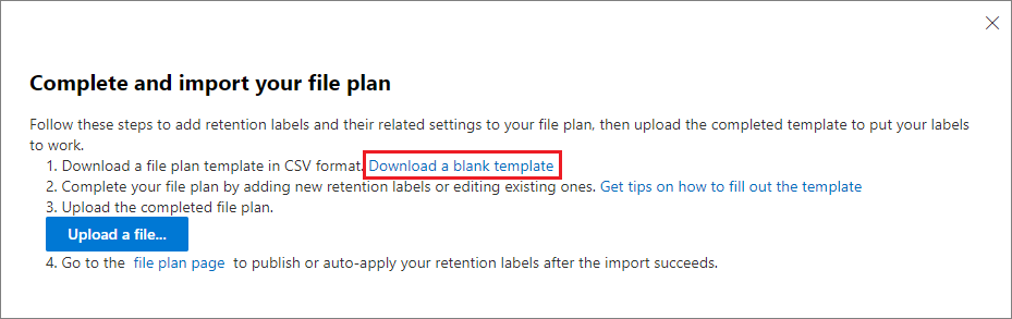 Option de téléchargement d’un modèle de plan de gestion de fichiers vide