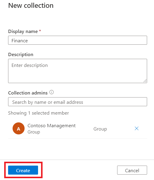 Capture d’écran de la fenêtre du portail de gouvernance Microsoft Purview, montrant la fenêtre nouvelle collection, avec un nom d’affichage et des administrateurs de collection sélectionnés, et le bouton Créer mis en évidence.