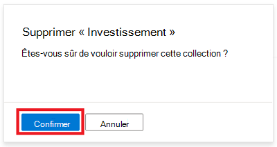 Capture d’écran de la fenêtre du portail de gouvernance Microsoft Purview montrant un message de confirmation de suppression d’un regroupement