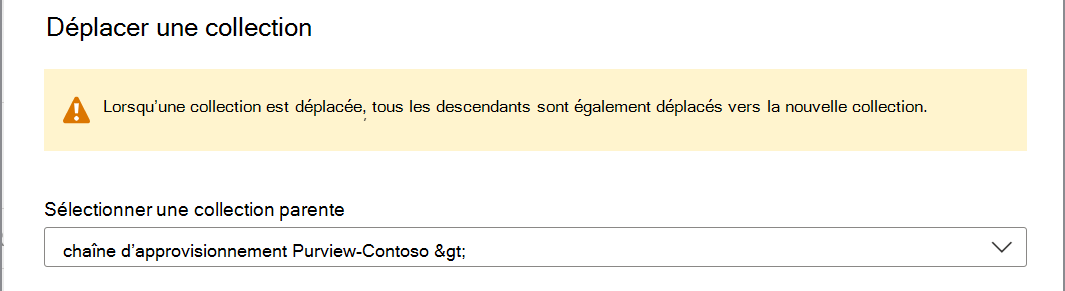 Capture d’écran de la fenêtre du portail de gouvernance Microsoft Purview avec la fenêtre déplacer la collection ouverte.