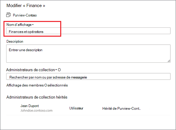 Capture d’écran de la fenêtre du portail de gouvernance Microsoft Purview avec la fenêtre Renommer la collection ouverte.