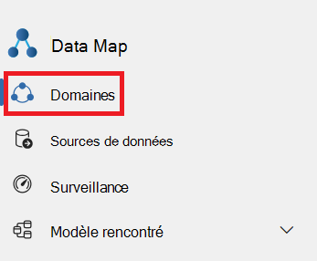 Capture d’écran du menu de Mappage de données Microsoft Purview solution avec l’option Domaines sélectionnée.