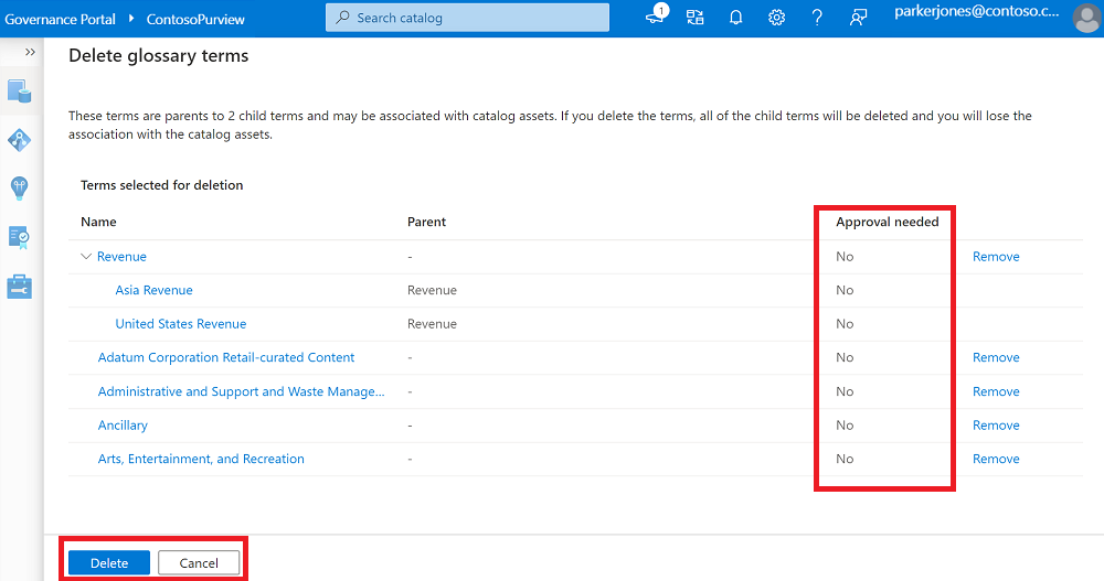 Capture d’écran de la fenêtre de suppression des termes du glossaire, qui montre les termes qui n’ont pas besoin d’approbation et le bouton pour les supprimer.