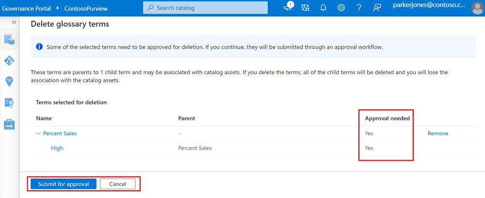 Capture d’écran de la fenêtre de suppression des termes du glossaire, qui montre les termes qui nécessitent une approbation et inclut le bouton permettant de les envoyer pour approbation.