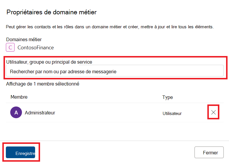 Capture d’écran de la page de modification des rôles des domaines de gouvernance avec les boutons rechercher, x et enregistrer mis en évidence.