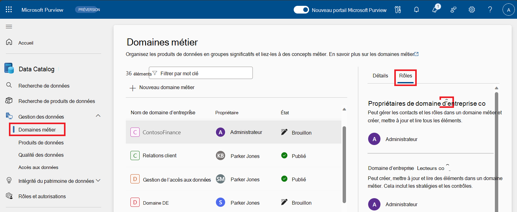 Capture d’écran de la page rôles des domaines de gouvernance avec le bouton Modifier mis en évidence.