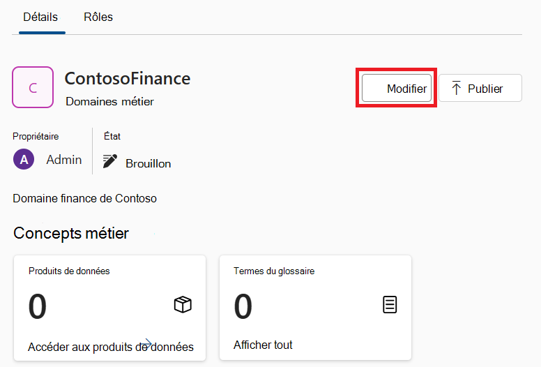 Capture d’écran d’une page de détails de domaine de gouvernance avec le bouton Modifier mis en évidence.