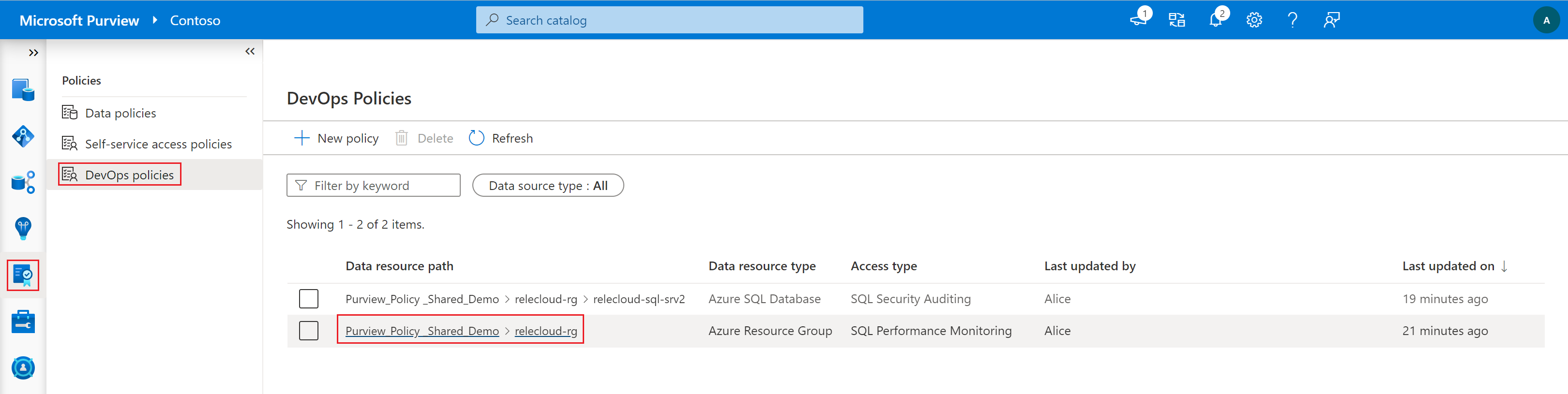 Capture d’écran montrant les sélections pour ouvrir des stratégies SQL DevOps.