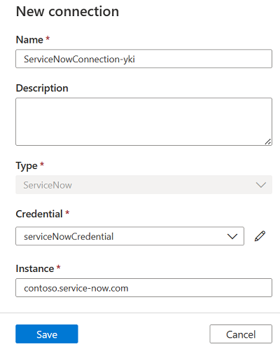 Capture d’écran d’une nouvelle connexion ServiceNow avec la instance et les informations d’identification fournies.