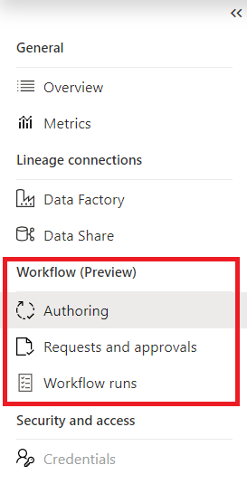 Capture d’écran montrant le menu de gauche du centre de gestion avec la nouvelle section de flux de travail mise en évidence.