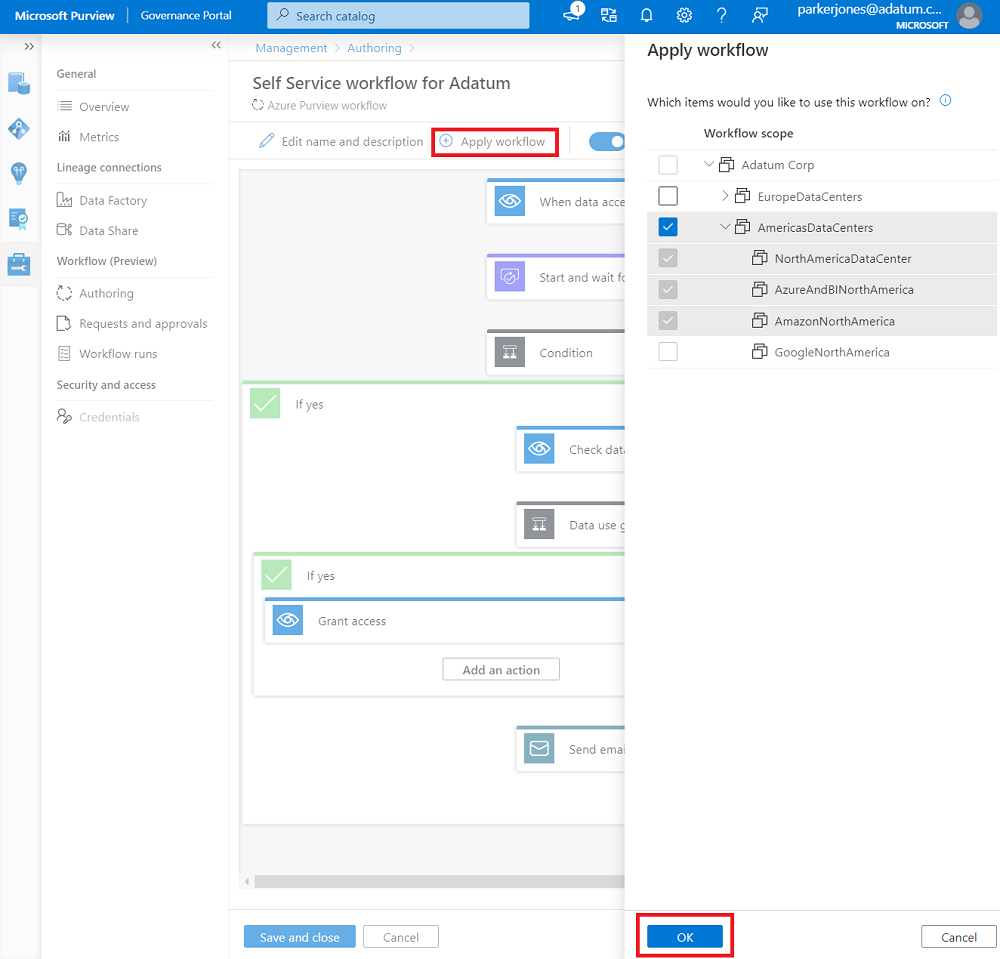 Capture d’écran montrant l’espace de travail de workflow avec une liste d’éléments dans le menu pour l’application d’un flux de travail.