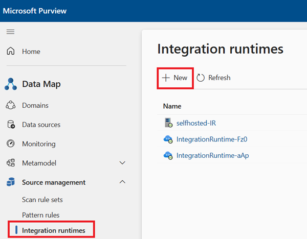 Capture d’écran de la fenêtre runtimes d’intégration dans le Mappage de données Microsoft Purview.