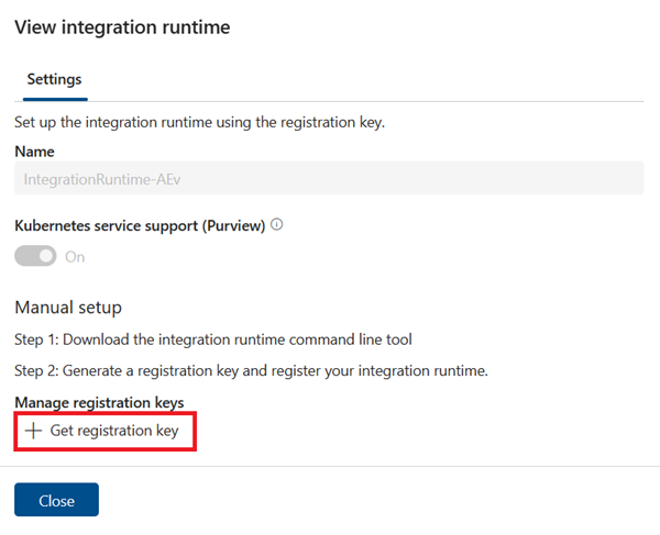 Capture d’écran de la page d’affichage du runtime d’intégration avec le bouton Obtenir la clé d’inscription mis en évidence.