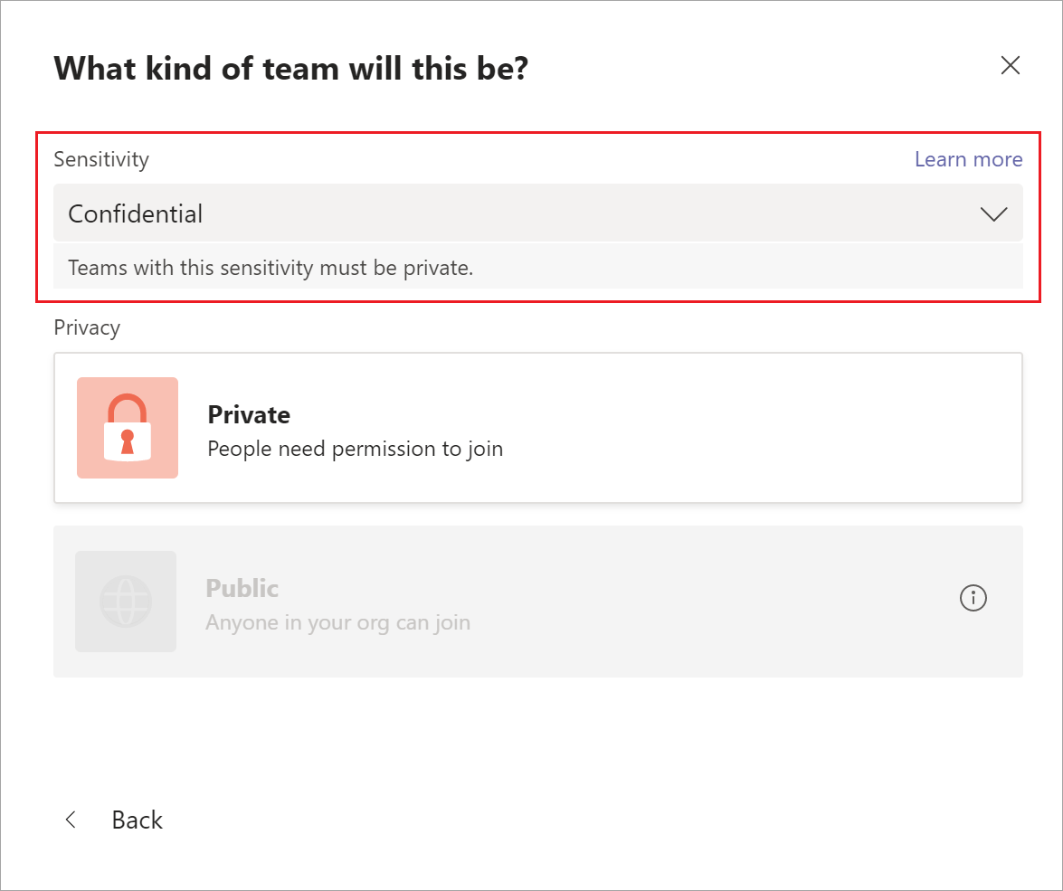 Paramètre de confidentialité lors de la création d’une équipe.