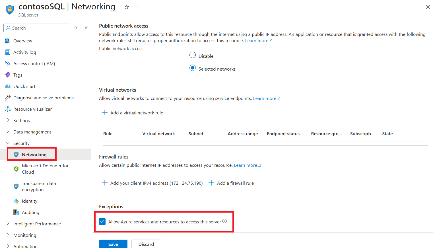 Capture d’écran montrant les sélections dans le Portail Azure pour autoriser les connexions Azure à un serveur.