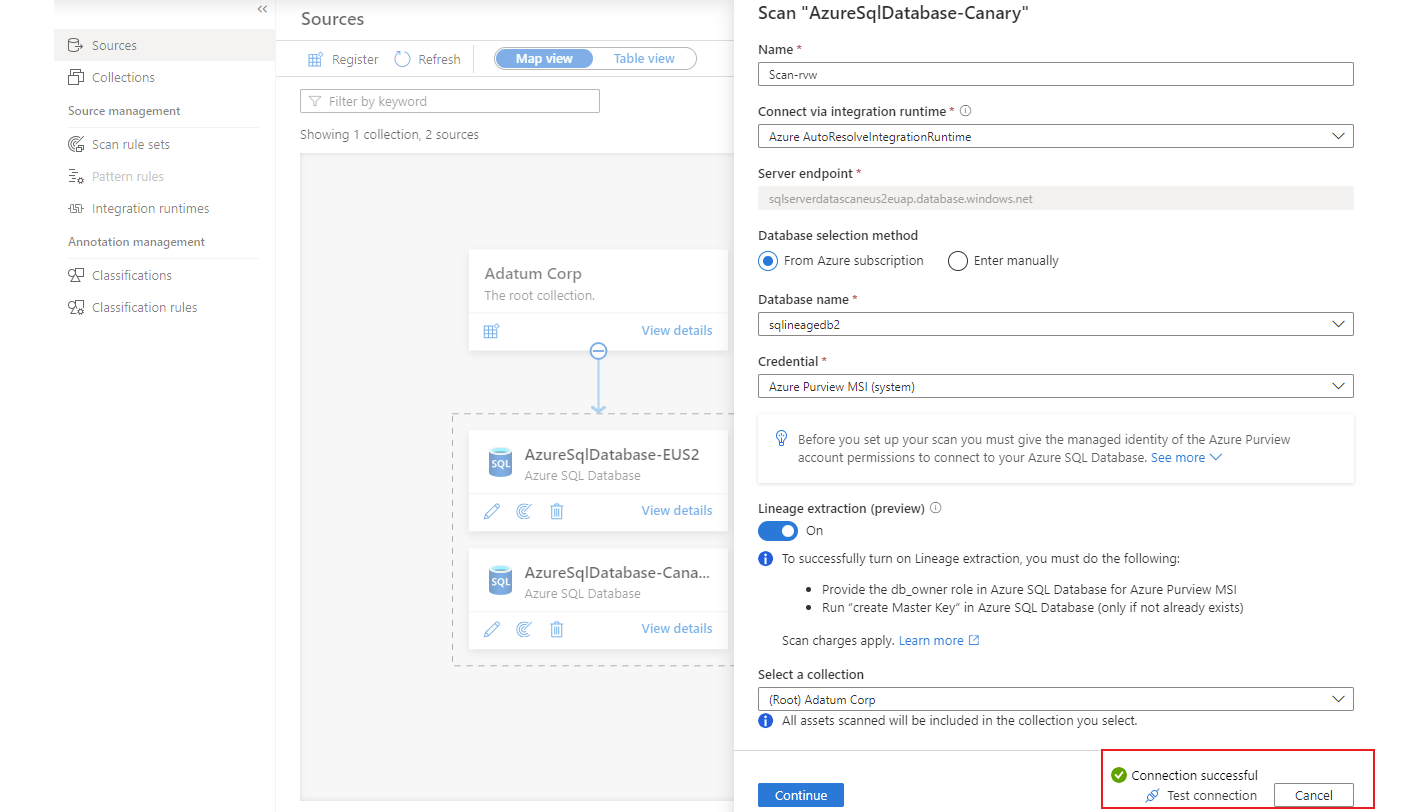 Capture d’écran montrant le message d’une connexion réussie pour l’option d’identité managée permettant d’exécuter une analyse.