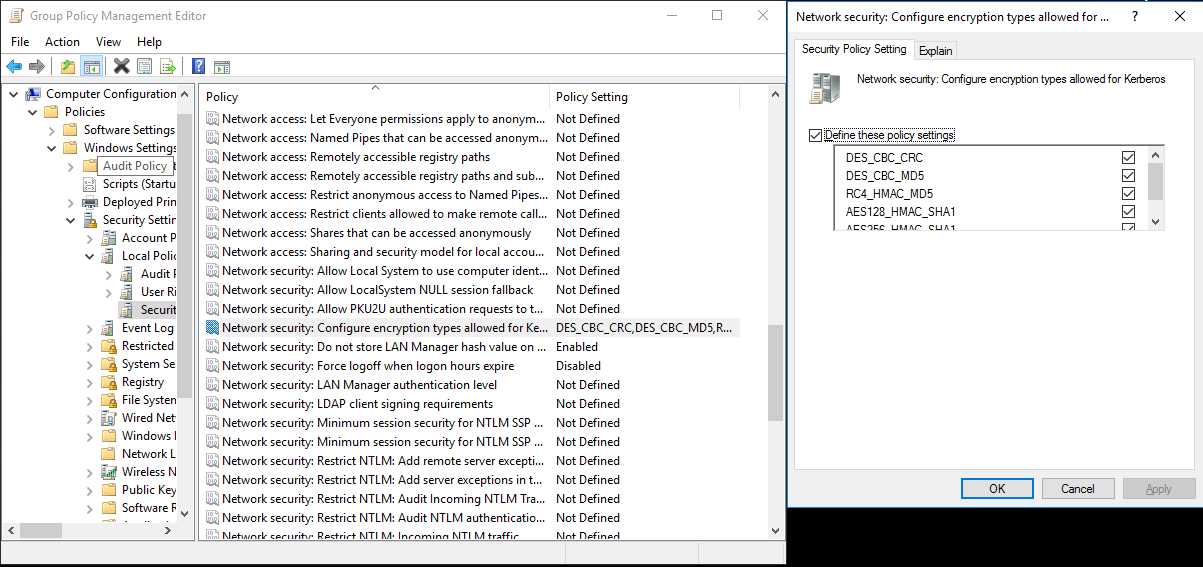 Capture d’écran du volet Sécurité réseau : Configurer les types de chiffrement autorisés pour Kerberos.