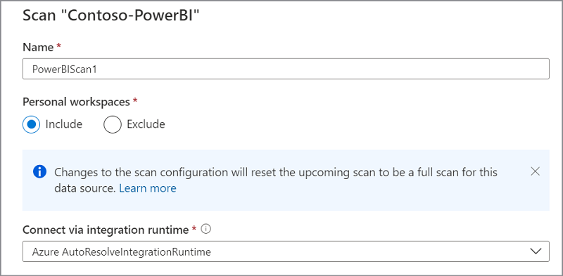 Capture d’écran montrant la configuration de l’analyse Power BI, à l’aide du runtime d’intégration Azure pour les locataires croisés.