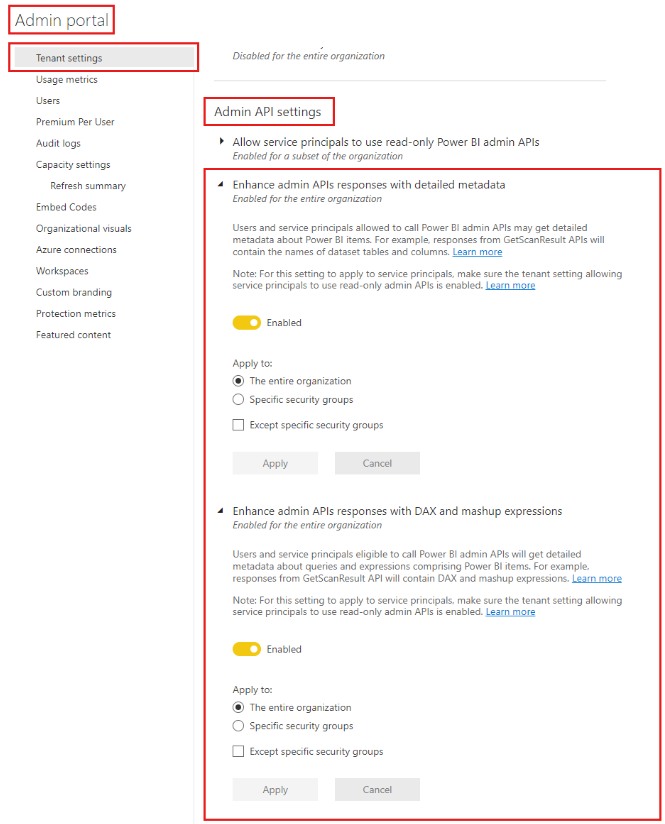 Image montrant la configuration du portail d’administration Power BI pour activer l’analyse des sous-objets.