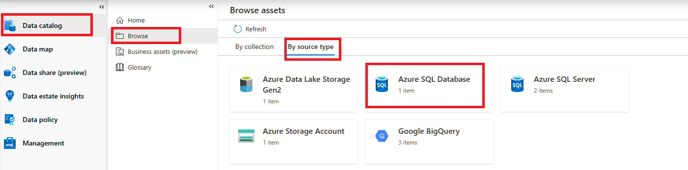 Capture d’écran du portail montrant le chemin d’accès de Data Catalog à Parcourir jusqu’au type de source et la ressource mise en surbrillance.