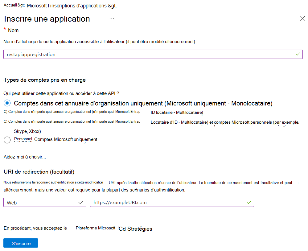 Capture d’écran de la page d’inscription de l’application, avec les options ci-dessus renseignées.