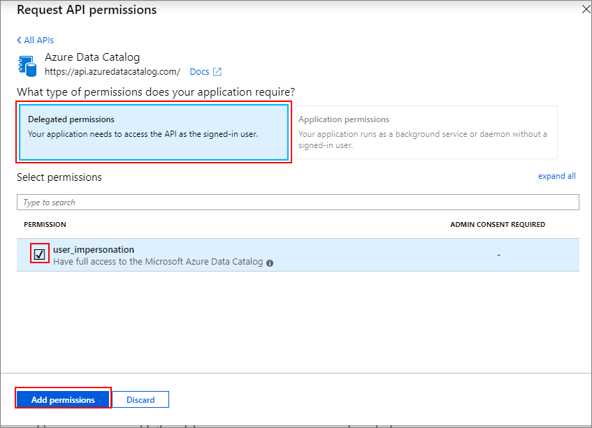 Dans le Portail Azure, sélectionnez Autorisations déléguées.