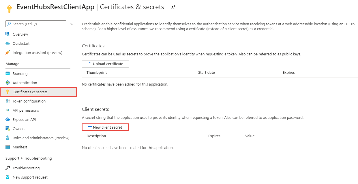 Capture d’écran montrant la page Certificats & secrets.