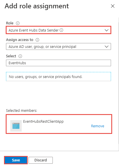 Capture d’écran montrant l’ajout d’une application au rôle expéditeur de données Azure Event Hubs.