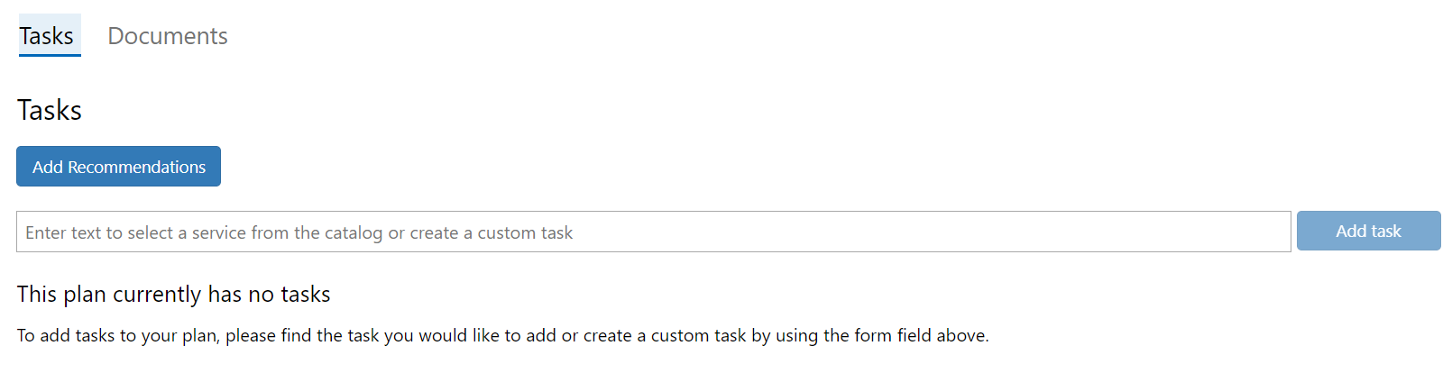 Vue Tâches montrant le bouton Ajouter des recommandations et indiquant qu’aucune tâche n’est actuellement sélectionnée.