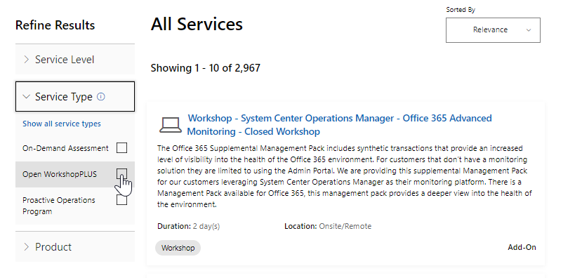 Capture d’écran de la page Tous les services, qui montre que les résultats répertoriés sont filtrés par le filtre Open Workshop PLUS.