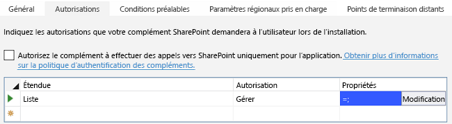 Liste des autorisations figurant dans l’onglet Autorisations dans le concepteur de manifeste de complément Visual Studio, où le bouton Modifier apparaît dans la cellule de la colonne Propriétés.