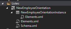 Dossier de liste avec le modèle enfant NewEmployeeOrientation, qui lui-même possède trois enfants : une instance NewEmployeeOrientationInstance, un fichier elements.xml et un fichier schema.xml. L’instance elle-même possède un enfant nommé elements.xml.